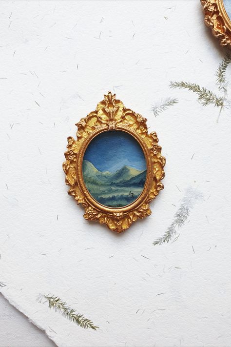 100% original & hand painted mini moody landscape oil painting with beautiful mountains. Miniature vintage style frame is also fully hand made, including modelling and painting. Perfect tiny painting for victorian dollhouse. Little stand is included, so the mini painting can be displayed easily. Vintage Frames Diy, Wall Art Placement, Canvas Prints Diy, Moody Landscape, Canvas Gallery Wall, Diy Jewelry Making Tutorials, Victorian Dollhouse, Vintage Frame, Old Paintings