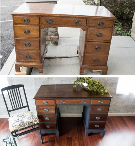 Desk Makeover- Painted-Furniture- Before-After Repurposed Desk Ideas, Diy Desk Makeover, Refurbished Desk, Desk Makeover Diy, Craft Furniture, Dresser Ideas, Staining Furniture, Desk Diy, Furniture Flipping