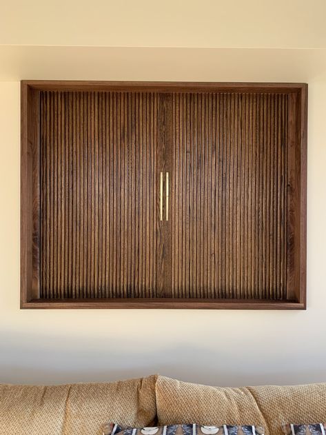 Tambour Room Divider • spatial relations • bespoke woodworking • custom furniture Tambour Sliding Door, Tambour Wall, Hidden Office, Wall Cubbies, Cabinet Door Designs, Door Desk, Entry Storage, Tambour Door, Knock On Wood