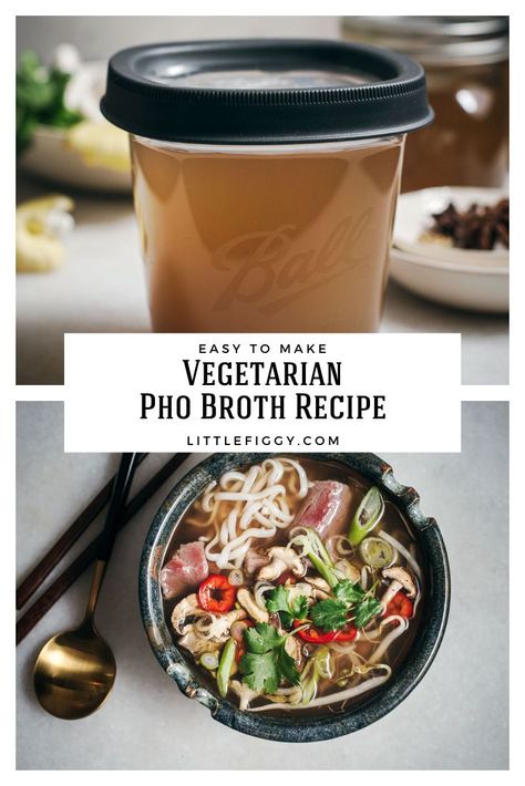 Enjoy making this delicious Vegetarian Pho Broth! #Ad. Simple to make, and perfect for freezing to have plenty on hand for later. Made as a vegetarian-based broth, yet can be given a hearty dose of protein if desired. Use Ball Freezer Pint Jars to preserved and keep for later use. Stay warm and get the recipe at Little Figgy Food (original recipe by @BallCanning). #pho #broth #soup #vegetarian #ballcanning #proudlyhomemade #ricenoodles #freezersoup #preserving Vegetarian Pho Broth, Pho Broth Recipe, Broth Soups, Dinners Vegetarian, Easy Chicken Lettuce Wraps, Freezer Soups, Vegetarian Pho, Pho Broth, Vegetables Rice