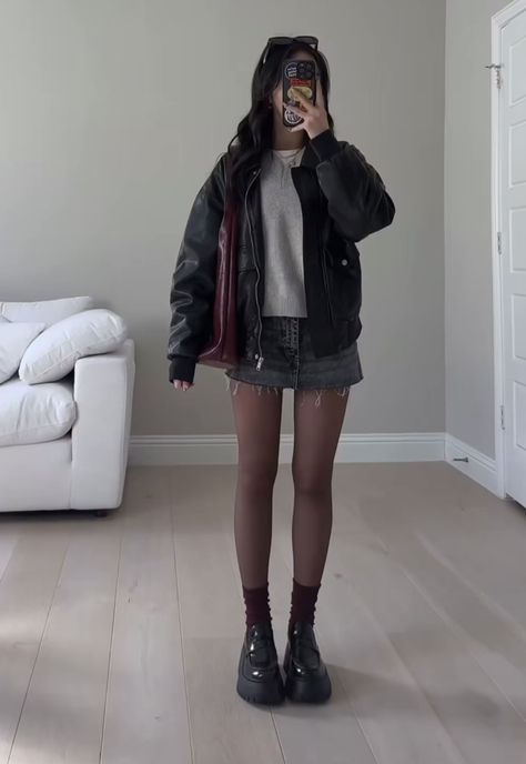 Combat Boot And Skirt Outfit, No Lace Doc Martens Outfit, Winter Outfits Birthday Dinner, Light Grey Mini Skirt Outfit, Casual Skirt And Boots Outfit, Mid High Boots Outfit, Skirt Stockings Boots Outfit, Fall Outfits Miniskirt, High Heel Doc Martens Outfit