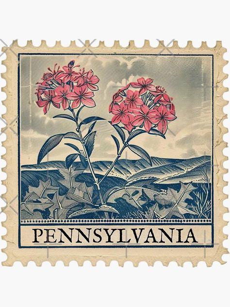 "Vintage Pennsylvania Botanical Stamp" Sticker for Sale by tiigerdad | Redbubble Flower Postage Stamp, Vintage Stamps Postage, Travel Stamps, Postage Stamp Design, Travel Stamp, Mail Stamp, Mountain Laurel, Matchbox Art, Postage Stamp Art