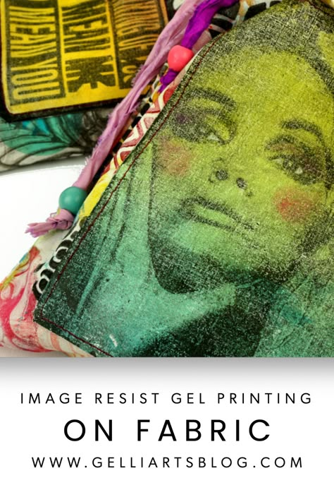 Two colourful drawstring pouches made from fabric handprinted with image resist transfer gel prints. Gelli Plate Fabric Printing, Stencils For Gelli Printing, Geli Plate Printing On Fabric, Geli Printing On Fabric, Gel Print On Fabric, Gel Printing Tutorial, Gel Plate Printing On Fabric, Diy Fabric Printing, Gelli Print On Fabric