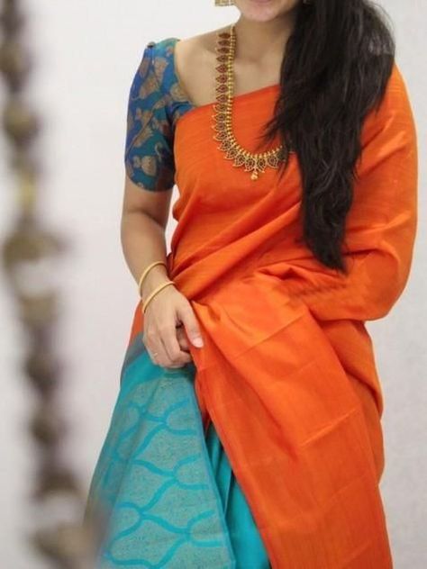 Trending Sarees Indian Weddings, Orange Saree Blouse Combination, Silk Saree Colour Combinations, Orange Pattu Saree, Silk Saree Blouse Pattern, Orange Silk Saree, Saree Color Combinations, Elegant Sarees, Saree Wearing Styles