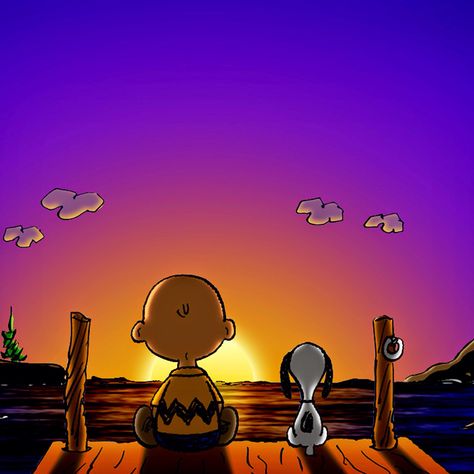 Charlie Brown & Snoopy - Sunset at the dock. Cartoon Sunset, Summer Snoopy, Bolo Snoopy, Charlie Brown Wallpaper, Charlie Brown Characters, Peanuts Charlie Brown Snoopy, Snoopy Cartoon, Snoopy Funny, Buku Harry Potter