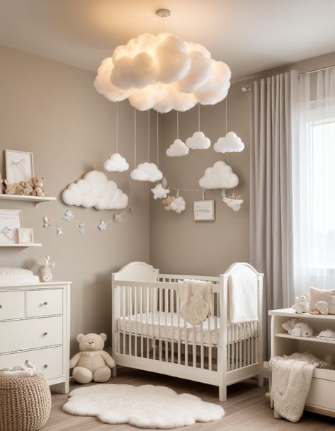 53 Baby Nursery Ideas To Create The Perfect Space For Your Little One Cloud Light Nursery, Clouds In Nursery, Baby Girl Nursery Room Ideas Neutral, New Baby Room Ideas, Neutral Small Nursery Ideas, Cloud Baby Room Ideas, Sloped Ceiling Nursery Ideas, In The Clouds Nursery, Heaven Nursery Theme