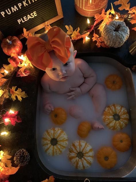 Fall Milk Bath, Fall Baby Photos, Baby Milk Bath, Fall Baby Pictures, Bath Pictures, 7 Month Old Baby, Milk Bath Photography, Baby Milestones Pictures, Monthly Pictures