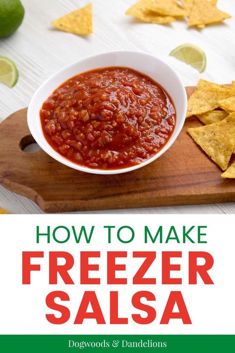 This easy freezer salsa is a perfect way to preserve your homegrown tomatoes. It is simple to make and doesn't require canned tomato soup like other freezer salsa recipes. And because you are freezing it you can adjust the recipe to your taste. It also doesn't require the vinegar like most canned salsa recipes. After making this recipe you'll never buy salsa again. preserving the harvest | freezing produce Canning Restaurant Style Salsa With Fresh Tomatoes, Easy Salsa Recipe Fresh Tomatoes, How To Can Salsa Easy, Salsa Recipe To Freeze, Recipes Using Fresh Salsa, How To Preserve Salsa, Homemade Salsa With Fresh Tomatoes Freezer, Freezer Salsa Recipe With Fresh Tomatoes How To Make, How To Freeze Homemade Salsa