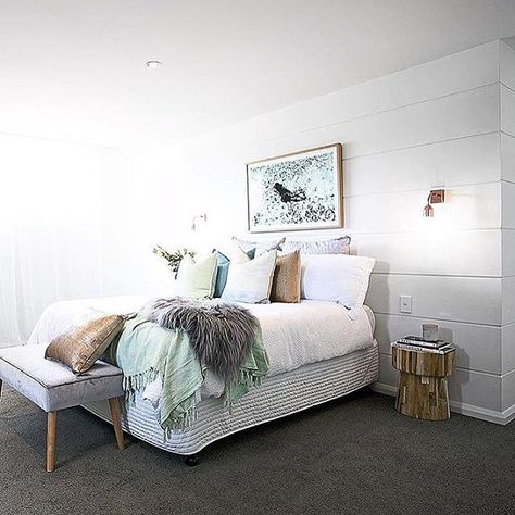 Master Bedroom reveal for Three Birds Renovations 4th house reveal Ohh, and that gorgeous looking bedside table happens to be our little beauty #hamptonsathomesydney #hamptonsathome #hamptonsstyle #happiness #threebirdsrenovations #renovations #bedroom #bedsidetable #masterbedroom #uniqwa #klop Bedhead Wall, White Lights Bedroom, Grey Carpet Bedroom, Dark Grey Carpet, Oz Design Furniture, Dark Carpet, Carpet Bedroom, Bedroom White, Bedroom Bliss