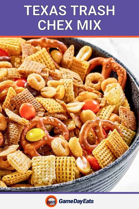 Get ready to score big with Texas Trash Chex Mix! This mouth-watering snack is a touchdown of flavors, combining the crunch of Chex cereal, Cheerios, mini pretzels, nuts, and Reese’s Pieces, all tossed in a rich, buttery blend of seasonings. It's simple to make and perfect for sharing. Get the easy recipe and find out how to make the best homemade Texas Trash Chex Mix. Trash With Chex Cereal, Chex Mix With Reeses Pieces, Texas Trash Snack Mix Recipe, Garbage Snack Mix Recipes, Chex Mix Trash Recipe, Texas Trash Chex Mix Recipes, Recipe For Chex Mix, Chex Cereal Recipes, Chex Mix Ingredients