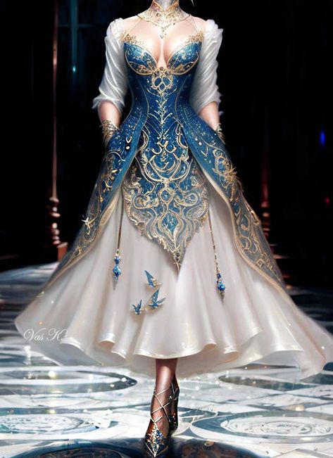 Medieval Gowns Royals Beautiful, Queen Dress Royal Fantasy, Royal Blue And White Outfit, Royal Dresses Fantasy, Blue Fantasy Dress, Princess Dress Aesthetic, Royalty Outfits, Fantasy Ball, Royal Gowns