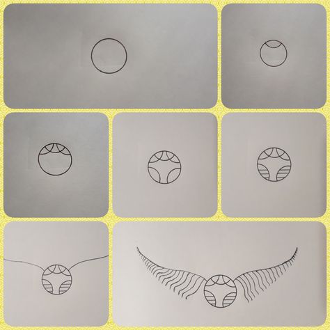 How to draw harry potter's golden snitch Harry Potter Golden Snitch Drawing, How To Draw Hedwig, Harry Potter How To Draw, How To Draw Harry Potter Stuff, Snitch Harry Potter Drawing, Harry Potter Drawing Ideas Sketches Easy, Cute Harry Potter Doodles, Hp Drawings Easy, How To Draw Hogwarts