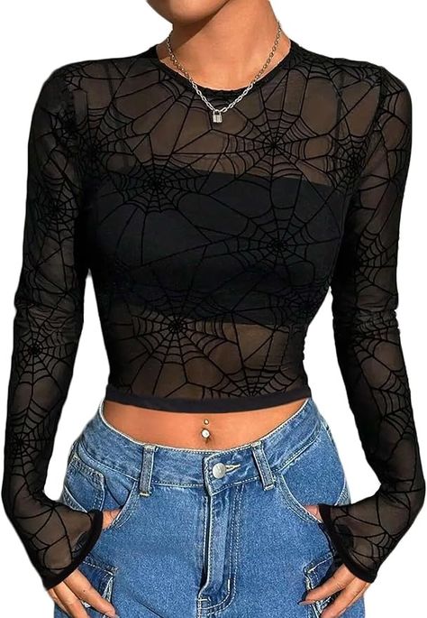 BemorRun Mesh Top Women See Through Tops Long Sleeve Mesh Crop Top Clubwear Going Out Tops(Black,Spider Web,XL) at Amazon Women’s Clothing store Fall Outfits Y2k, Mesh Tops, Black Sheer Top, Stripe Outfits, Streetwear Tshirt, Mesh Long Sleeve, Print Crop Tops, Tees For Women, Shein Tops