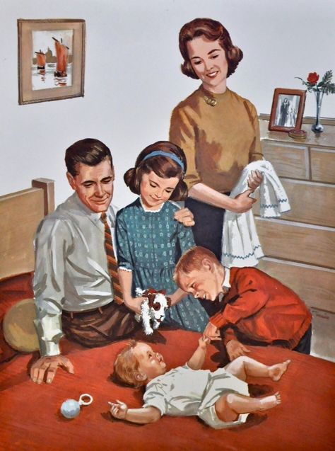 Vintage Family Pictures, Illustration Family, Nuclear Family, Vintage Housewife, Family Illustration, Boy Pictures, 5 Kids, Family Art, Norman Rockwell