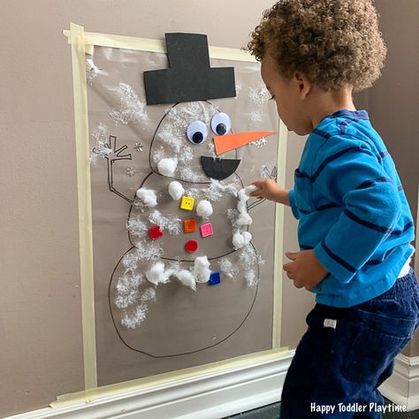 Snowman Sticky Wall - HAPPY TODDLER PLAYTIME January Toddler Activities Learning, Contact Paper Toddler Activities, Christmas Activities Babies, Winter Toddler Activities, Winter Activities For Toddlers, January Activities, Happy Toddler, Preschool Winter, Fun Activities For Toddlers