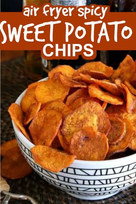 Air Fryer Sweet Potato Chips are fried the healthy way. Less than 30 minutes for a handful of spicy chips. Vegan, Paleo, Whole30 and a delicious snack or appetizer. #sweetpotatorecipes #airfrysweetpotatochips #easysweetpotatochips #homemadesweetpotatochips #howtomakesweetpotatochips #healthysweetpotato #sweetpotatochips Spicy Sweet Potato Chips, Air Fryer Sweet Potato Chips, Homemade Sweet Potato Chips, Sweet Potato Juice, Spicy Chips, Sweet Potato Chips Recipe, Potato Chips Recipe, Canning Sweet Potatoes, Stuffed Sweet Potato Healthy