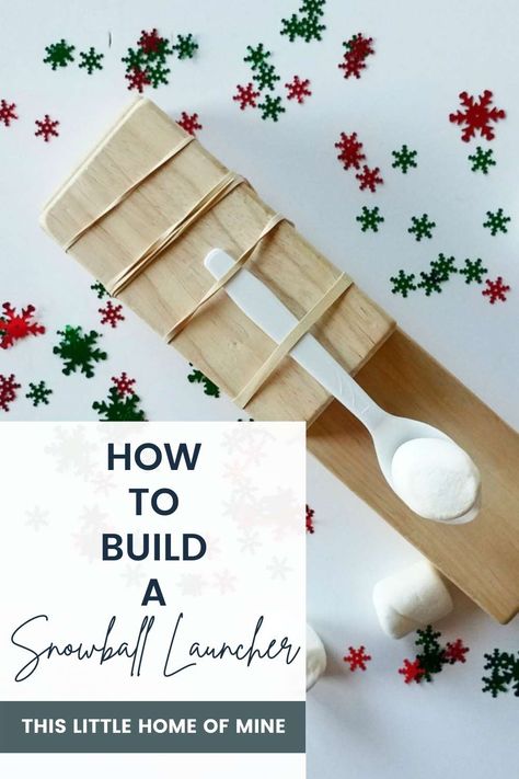 We built our own snowball launcher! All of my kids went wild over this Christmas-themed STEM activity. It kind of just accidentally came together, but everyone in my house was sure glad it did. Your family may want to experiment with other ways to put one of these together – you may have a different collection of supplies on hand that would work well – maybe even better than ours – but in the post, I’m going to share SIMPLE INSTRUCTIONS how we made ours. Snowball Launcher, Activity For Christmas, Candy Cane Experiment, Candy Cane Science, Christmas Learning Activities, Christmas Stem Activities, Christmas Science Experiments, Shape Matching Game, Christmas Learning