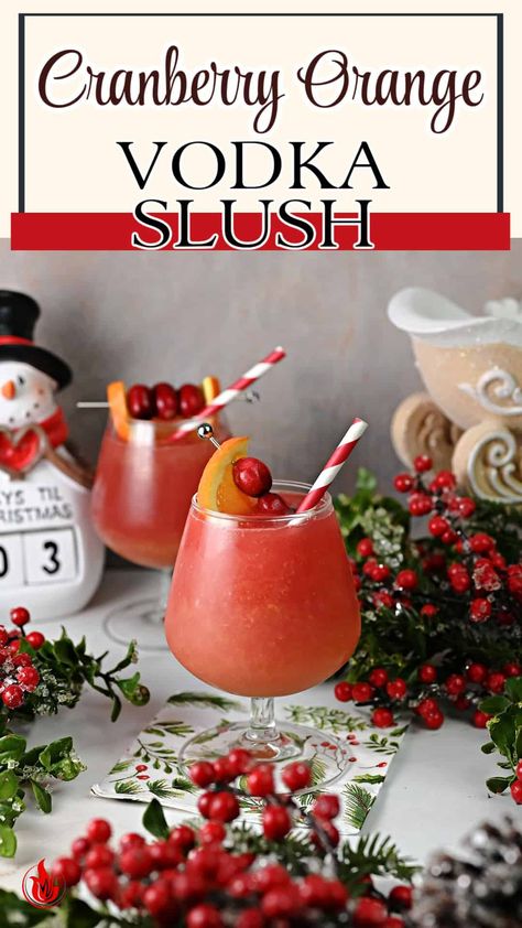 Cranberry Orange Vodka Slush! Vibrant, zesty, and oh-so-easy to make. Your taste buds are in for a delightful treat. Frozen Cranberry Orange Vodka Slush, Cranberry Vodka Slush Recipe, Thanksgiving Slush Drink, Cranberry Vodka Slush, Cranberry Christmas Drinks Holiday Cocktails, Christmas Vodka Drinks Holidays, Sparkling Cranberry Vodka Punch, Cranberry Amaretto Cocktail, Christmas Drinks With Cranberries