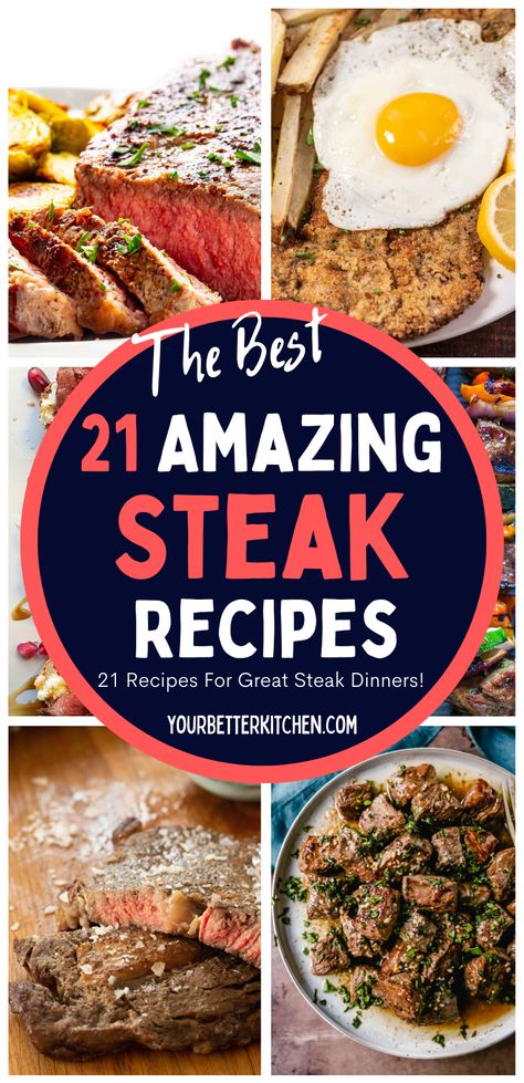 This list of 21 Amazing Steak Recipes will have you wishing for smell-o-vision. Here's why, from garlic herb butter steak bites to deep-fried Milanesa steak with eggs. It's so incredible you'll want to try them all. Club Steak Recipes How To Cook, Leftover New York Steak Recipes, Milanesa Recipe Steak Easy, Steak Meat Recipes, Rib Steak Recipe, Garlic Herb Butter Steak, Herb Butter Steak, New York Strip Steak Recipes, Steak Ideas