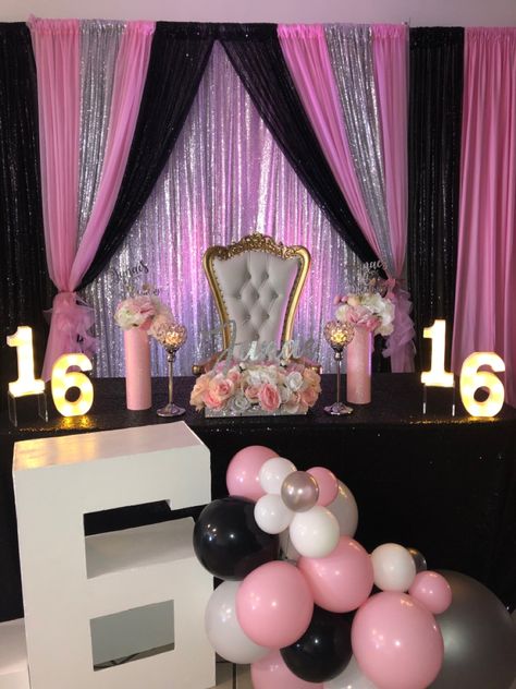 Pink Black And Silver Party Decor, Sweet 16 Shades Of Pink, Sweet 16 Party Ideas Pink And Black, Pink And Black Sweet 16 Party Ideas, Sweet 16 Decorations Pink And Black, Black And Pink Sweet 16, Black And Pink Birthday Theme, Sweet 16 Theme Ideas, 16 Birthday Party Hot Pink And Black