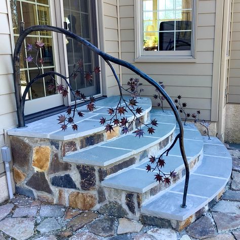 Tree Branch Stair Railing, Outside Handrails, Branch Railing, Sunroom Pool, Leadership Projects, Artistic Railing, Forged Art, Upstate House, Exterior Entrance Doors