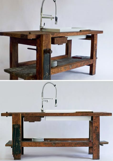 Gorgeous Kitchen worktable and sink made from a vintage carpenter's workbench Kitchen Layout Ideas With Island, Kitchen Islands Ideas With Seating, Small Kitchen Island Ideas, Kitchen Island Storage, Small Kitchen Island, Handmade Charlotte, Farmhouse Kitchen Island, Modern Kitchen Island, Diy Kitchen Island