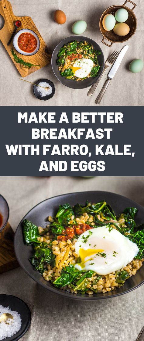 Farro And Eggs, Farro Breakfast Recipes, Farro Recipes Breakfast, Breakfast Farro, Farro And Kale Recipes, Farro Breakfast Bowl, Farro Breakfast, Kale And Farro Salad Recipes, Farro Kale Sweet Potato