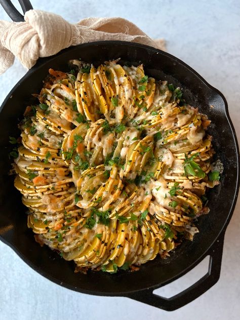 Roasted Delicata Squash and Potato Bake Baked Delicata Squash Recipe, Baked Delicata Squash, Delicata Squash Recipe, Roasted Delicata Squash, Squash Vegetable, Potato Bake, Delicata Squash, Squash Recipe, Potato Gratin