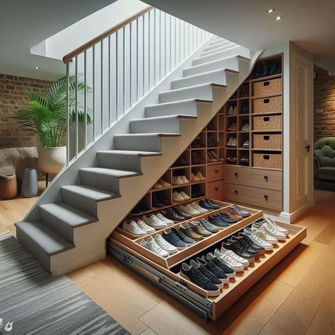 Shoe Storage Under Stairs, Staircase In Living Room, Under Staircase, Under Stairs Storage Solutions, تحت الدرج, Closet Under Stairs, Foyer Stairs, Staircase Interior Design, Under Stairs Storage