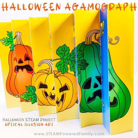 Optical Illusion Crafts For Kids, Halloween Agamograph, Pumpkin Art Elementary School, Kusama Pumpkin Art Lesson, Yayoi Kusama Pumpkin Art Lesson For Kids, Halloween Stem Activities, Halloween Stem, Steam Art, Steam Projects