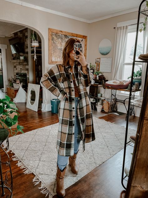 Jumpsuit With Flannel, Long Plaid Jacket Outfit, Long Plaid Jacket, Plaid Jacket Outfit, Fall Jackets Outfit, Fall Fashion Staples, Statement Jacket, Clothing Staples, Flannel Jacket