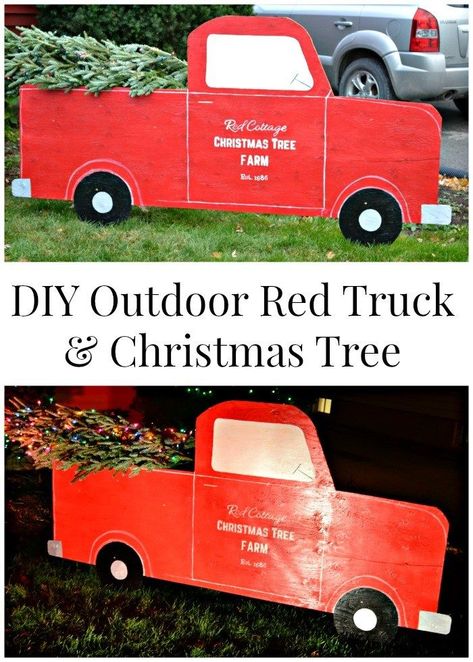 (Almost) Life Size DIY Red Truck & Christmas Tree made with just one sheet of plywood! Christmas Tree Farm Decorations, Wood Christmas Yard Decorations, Outdoor Christmas Trees, Outdoor Christmas Diy, Chirstmas Decor, Diy Christmas Lights, Hanging Christmas Lights, Christmas Yard Art, Outdoor Christmas Tree