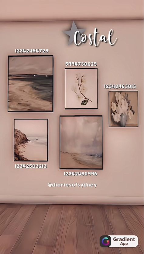 Bloxburg House Outline, Berry Ave Picture Codes Aesthetic, Asthetic Bloxburg Picture Codes, Berry Avenue Codes Wall Decor, Berry Avenue Codes Decorations, Painting Id Bloxburg, Shelf Ideas Bloxburg, Aesthetic Codes For Bloxburg Pictures, Modern Bloxburg Codes