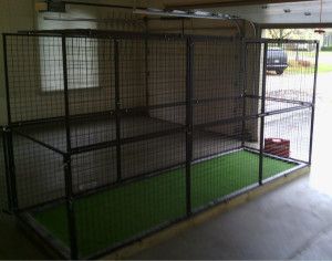 Indoor dogrun for those long days at school??? Dog Run In Garage, Garage Set Up For Dogs, Garage Kennel For Dogs, Indoor Dog Run, Diy Dog Pen Outdoor, Garage Dog Kennel Ideas, Diy Dog Pen, Dog Potty Diy, Dog Pen Outdoor