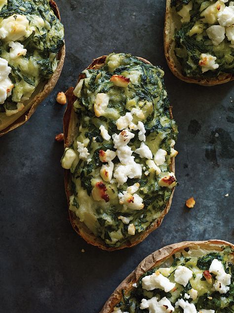 Loaded Potatoes, Dark Leafy Greens, Loaded Potato, Twice Baked, Twice Baked Potatoes, Potato Skins, Potato Side Dishes, Frozen Spinach, Baked Potatoes