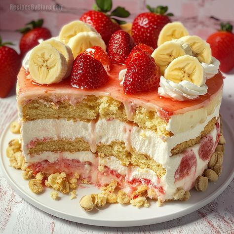 Half Strawberry Shortcake, Half Banana Pudding Cake Recipe | Best of Both Worlds - Recipes By Clare Banana Strawberry Cake, Banana Split Icebox Cake Recipe, Half And Half Cake, Strawberry Banana Pudding Recipe, Strawberry Banana Cake, Banana Pudding Cake Recipe, Nilla Wafer Banana Pudding, Half Strawberry, Strawberry Banana Cakes