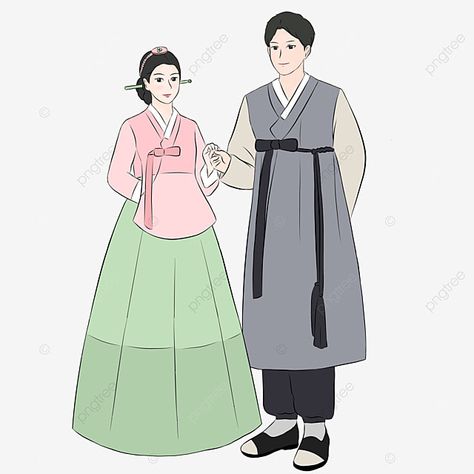 Hanbok Drawing Illustration, Korean Traditional Dress Drawing, Korean Hanbok Drawing, Hanbok Cartoon, Hangul Calligraphy, Hanbok Male, Couple Png Image, Hanbok Illustration, Beautiful Hanbok