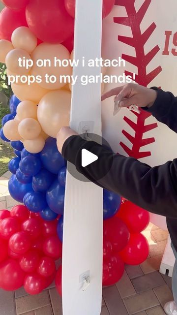 Balloons by Andrellina on Instagram: "a quick tip on how to attach prop cutouts to your garland!  wall hooks are from amazon and i added a 260! if you don’t want to add your props to your garlands hire me i’ll do it for you!🤣 - - - #baseballparty #baseballbabyshower #alittlesluggerisontheway #sportparty #sportbabyshower #babyshowerdecor #babyshowerideas #babyshowerballoons #partyballoons #birthdayballoons #happybirthday #balloonsbyandrellina" Attaching Balloon Garland To Wall, Baseball Balloon Arch, Baseball Balloon Garland, Sports Baby Shower, Balloon Arches, Balloon Ideas, Art And Craft Design, Balloon Backdrop, Balloon Wall