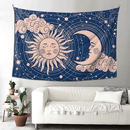 Moon Tapestry Bedroom Ideas, Aquarius Decor, Tapestry Aesthetic, Wall Tapestry Bedroom, Grunge Bedroom, Star Bedroom, Space Tapestry, Sun And Moon Tapestry, Black Feature Wall