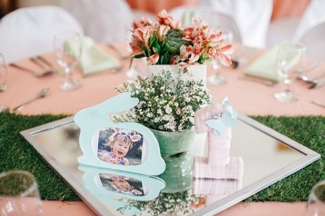 Renee’s Bunny in a Meadow Themed Party – Table centerpiece Bunny Theme Centerpieces, Some Bunny Is One Centerpiece, Aaliyah Birthday, Kids Easter Party, Easter Party Favor, Bunny Birthday Party, Party Table Centerpieces, Birthday Party Packs, Bunny Party