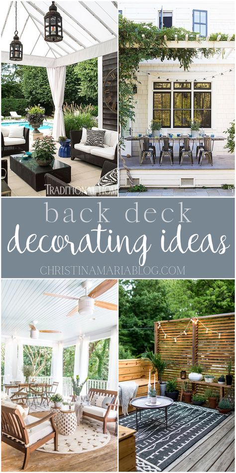 Beautiful ideas for how to upgrade your back deck area and decorate a beautiful outdoor space for everyone to enjoy. Ideas for every budget included! Outdoor Deck Decorating, Blue Deck, Back Deck Decorating, Porch Makeover, Patio Inspiration, Dekor Diy, Deck Decorating Ideas, Beautiful Outdoor Spaces, Deck Decorating Ideas On A Budget