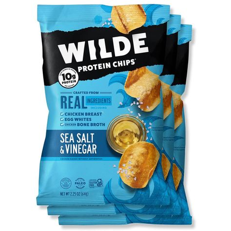 Sea Salt and Vinegar Protein Chips by Wilde Potato Chip Flavors, Chips Packaging, Vinegar Chicken, Chip Packaging, Protein Chips, Chicken And Chips, Crispy Chips, Salt And Vinegar, Snack Craving