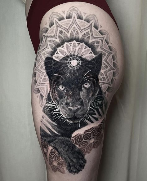 Jaguar Hip Tattoos Women, Black Panther Hip Tattoo, Panther Mandala Tattoo, Feminine Black Panther Tattoo, Black Panther Leg Tattoo, Black Jaguar Tattoo For Women, Puma Tattoo For Women, Black Panther Tattoo For Women, Jaguar Tattoo For Women