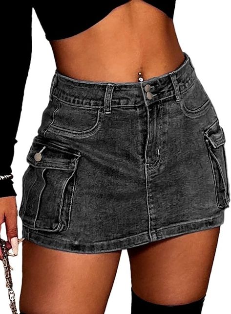 Amazon.com: ELLEVEN Mini Cargo Skort for Women High-Stretch Denim Short Skort Y2K Low Waist Denim Women's Jean Skirt Casual Trendy Summer Skort with Pockets Goingn Out Denim Black Medium : Clothing, Shoes & Jewelry Rema Concert, Denim Skirt Outfit Summer, Y2k Jean Skirt, Summer Skort, Jean Skort, Short Jean Skirt, Short Cargo, Denim Skirt Outfits, Skirt Casual