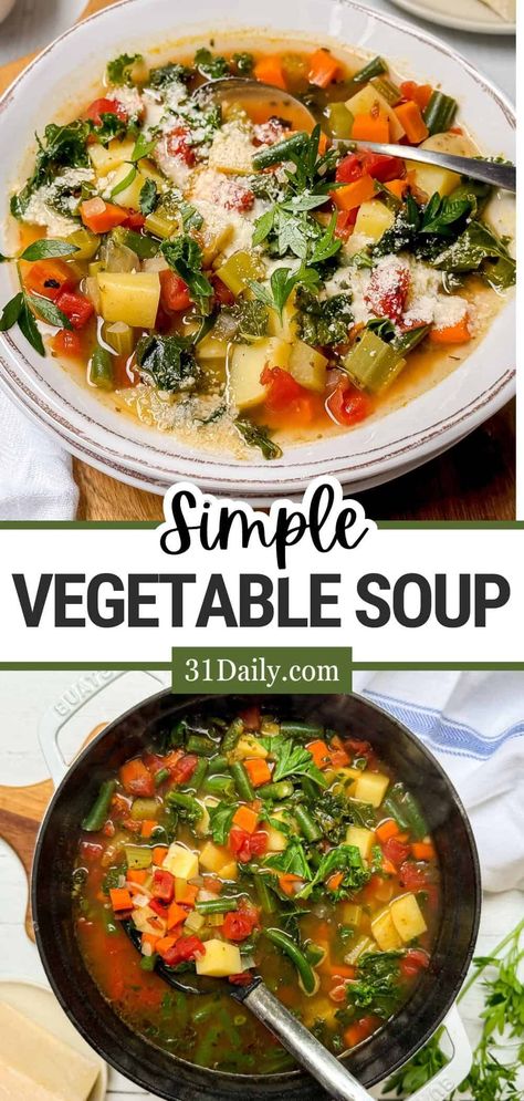 Discover the perfect vegetable soup recipe that is healthy, comforting, and easy to make. Customize it with your favorite veggies! Vegetable Soup With Spinach, Meatless Vegetable Soup, Simple Veggie Soup, Hearty Vegetable Soup Recipes, Instapot Vegetable Soup, Veggie Broth Soup, Crockpot Soup Recipes Vegetarian, Fall Crockpot Recipes Soup, Fall Soups And Stews Healthy