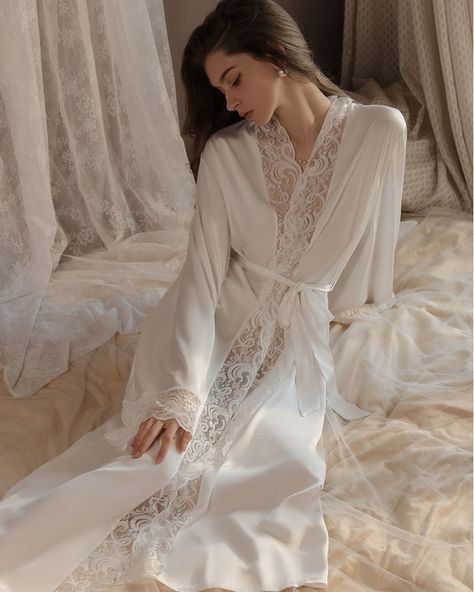 Morning coffee never looked so good. Our Summer Ice Silk Lace Robe is your perfect companion. 📸 #morningroutine White Robe Aesthetic, White Nightgown, Lace Nightgown, Wedding Robe, Silk Lace, Long Kimono, Satin Color, Long Style, Beautiful Gowns