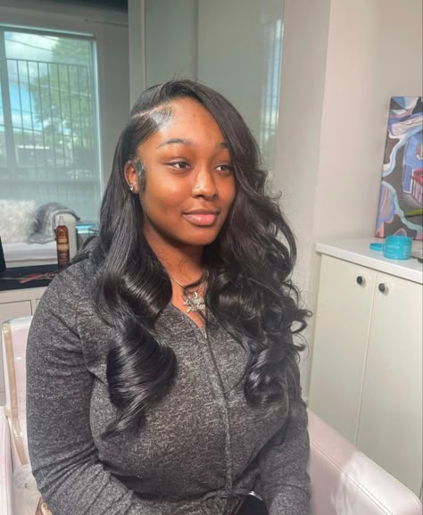 Cute Sew In Hairstyles Side Part, Curled Side Part Sew In, Side Parts Quick Weave, Traditional Side Part Sew In With Leave Out, Right Side Part Sew In Weave, Sew In Weave With Leave Out Hairstyles, Natural Leave Out Sew In, Wavy Sew In Weave Side Part, Natural Side Part Quick Weave