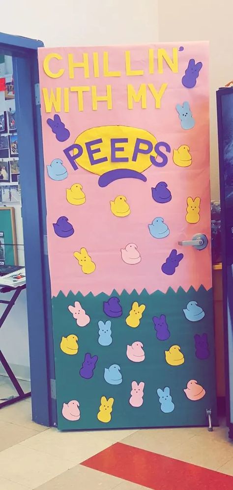 April Kindergarten Classroom Door, Easter Classroom Door Designs, Easter Door Decorations For Work, Easter Office Door Decorations, Spring Themed Door Decorations Classroom, Spring Decorated Doors For School, Easter Door Decorations Classroom Peeps, April Theme Classroom Door, April Office Decorations