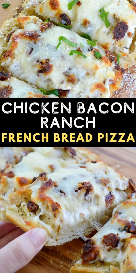 Chicken Weeknight Meals, French Bread Meals Ideas, Pizza Made With French Bread, French Bread Chicken Sandwich, French Bread Dinner Recipes, Recipes With French Bread Loaf, What To Do With French Bread Loaf, Chicken Bacon Ranch French Bread Pizza, Chicken Bacon Ranch Bread