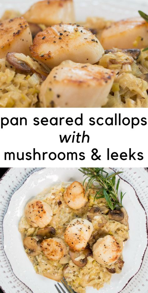 Scallops And Mushrooms Recipe, Optavia Diet, Leeks Recipe, Jumbo Shrimp Recipes, Seafood Scallops, Seafood Meals, Scallop Dishes, Baked Scallops, Leek Recipes